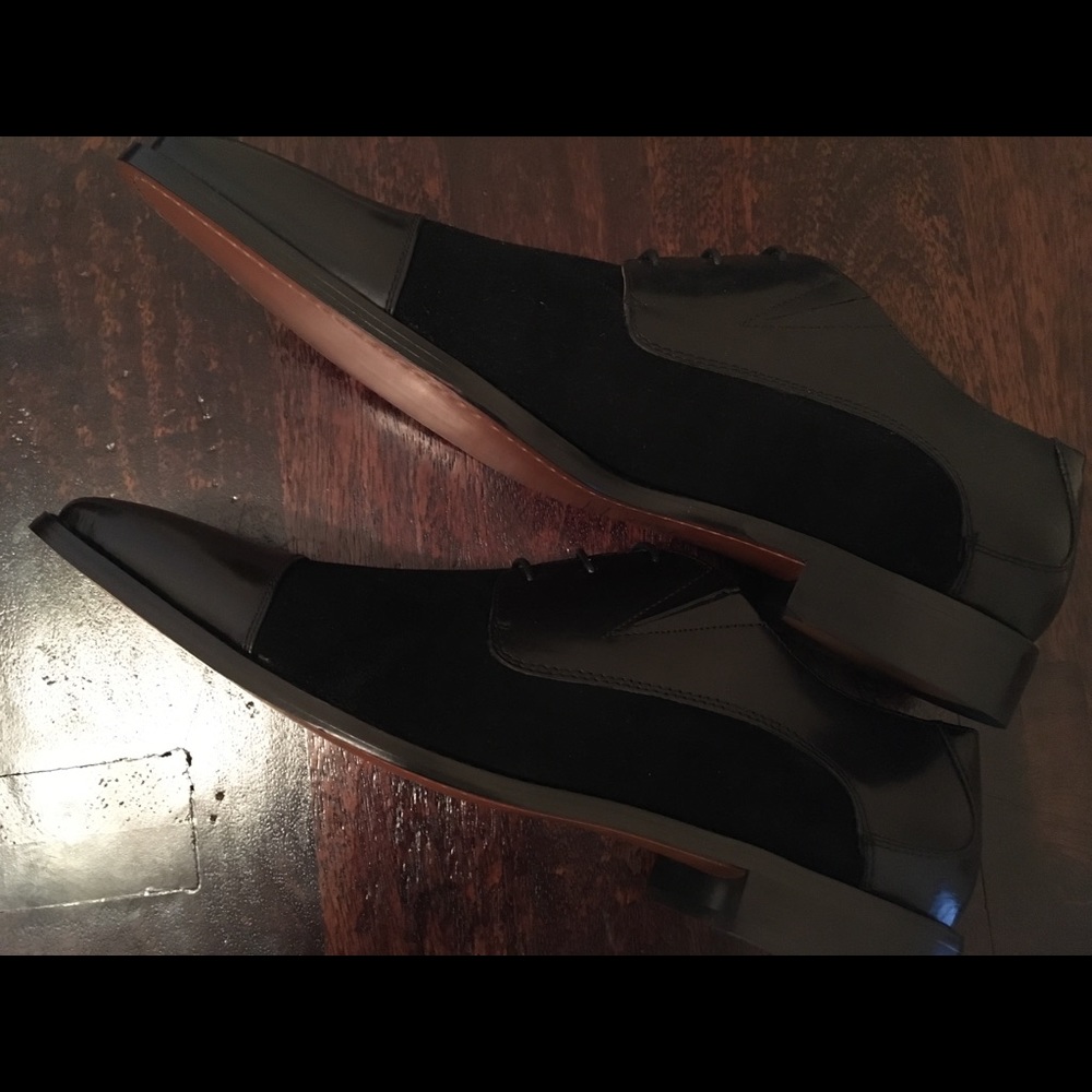 FRATELLI BLACK LEATHER/SUEDE CAP-TOE SHOES